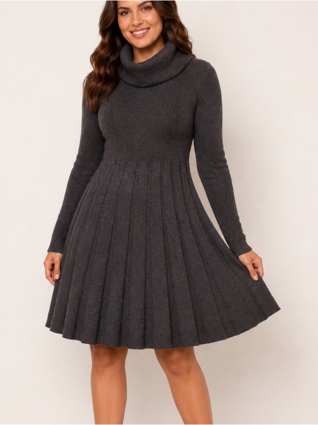 Calvin Klein Mock Neck Long Sleeve Knit Swing Dress - Dark Gray Pm Textured